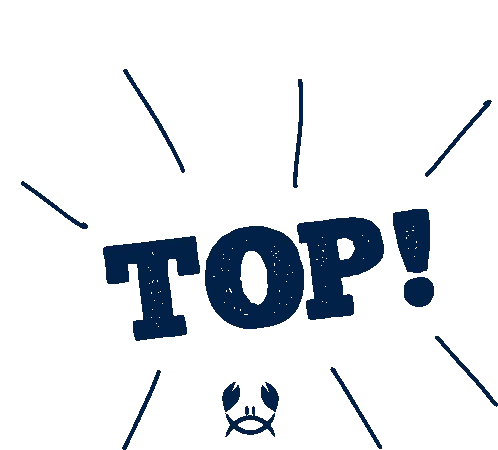 a blue sign that says top with a crab on the bottom
