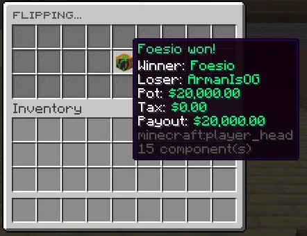 Coinflip result animation showing winner, loser, pot, tax, and payout