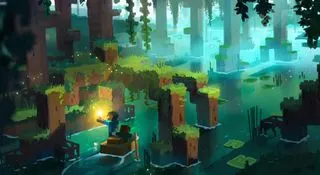 Minecraft 1.19 the Wild Update - concept painting of Steve and Alyx in a boat holding a torch while rowing beneath tall mangrove tree roots in the swamp.
