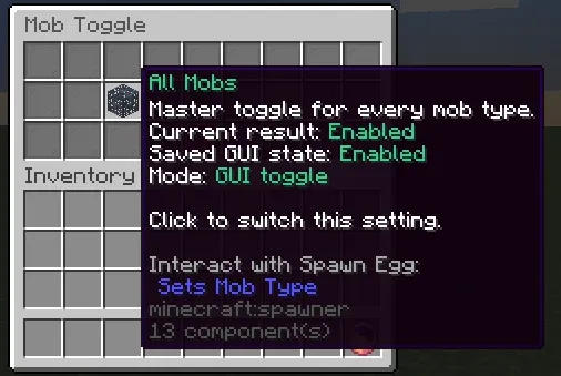 Toggle item lore showing current result, saved GUI state, and permission mode