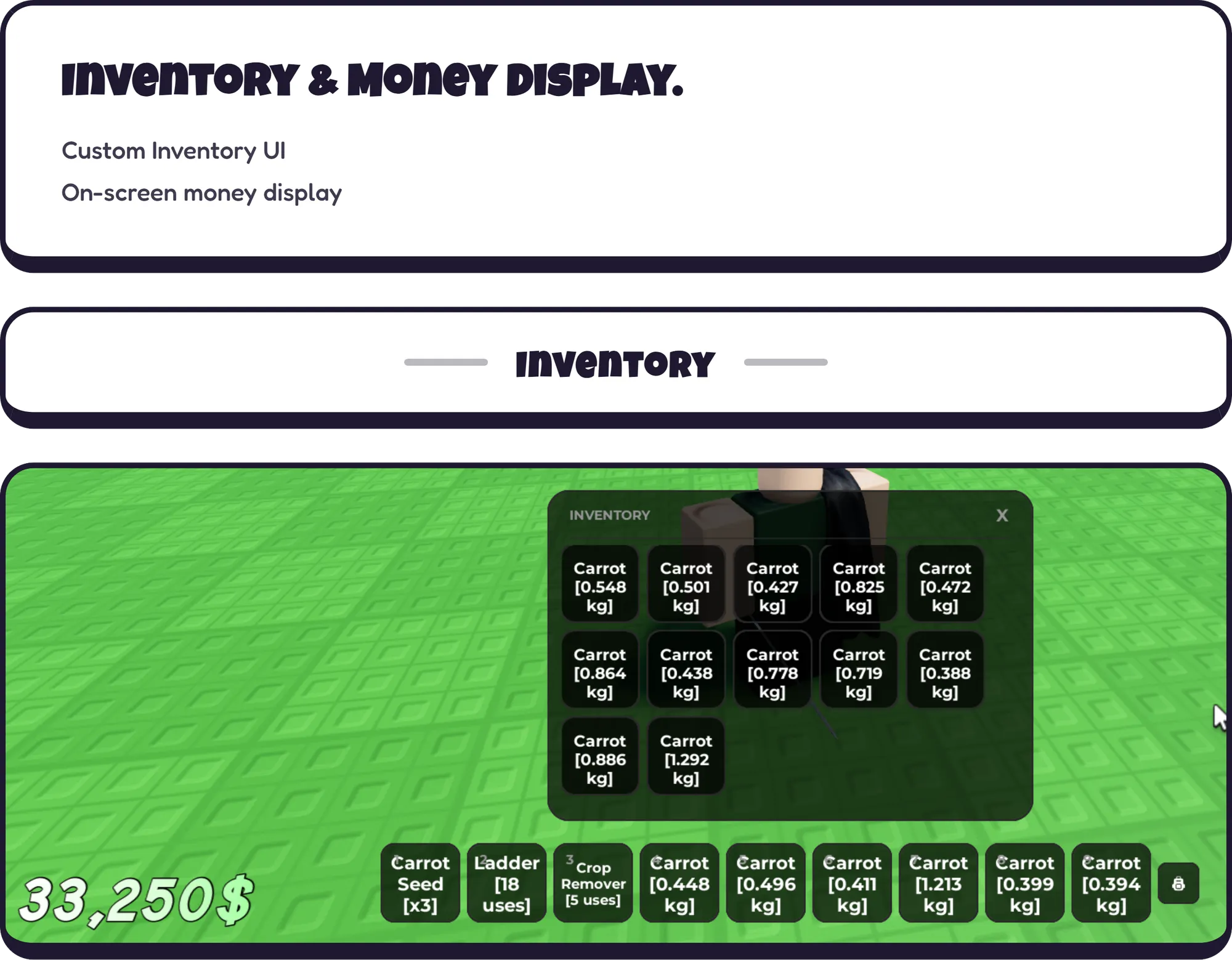 Inventory & Money Display. Custom Inventory UI On-screen money display --- Inventory --- [Image]